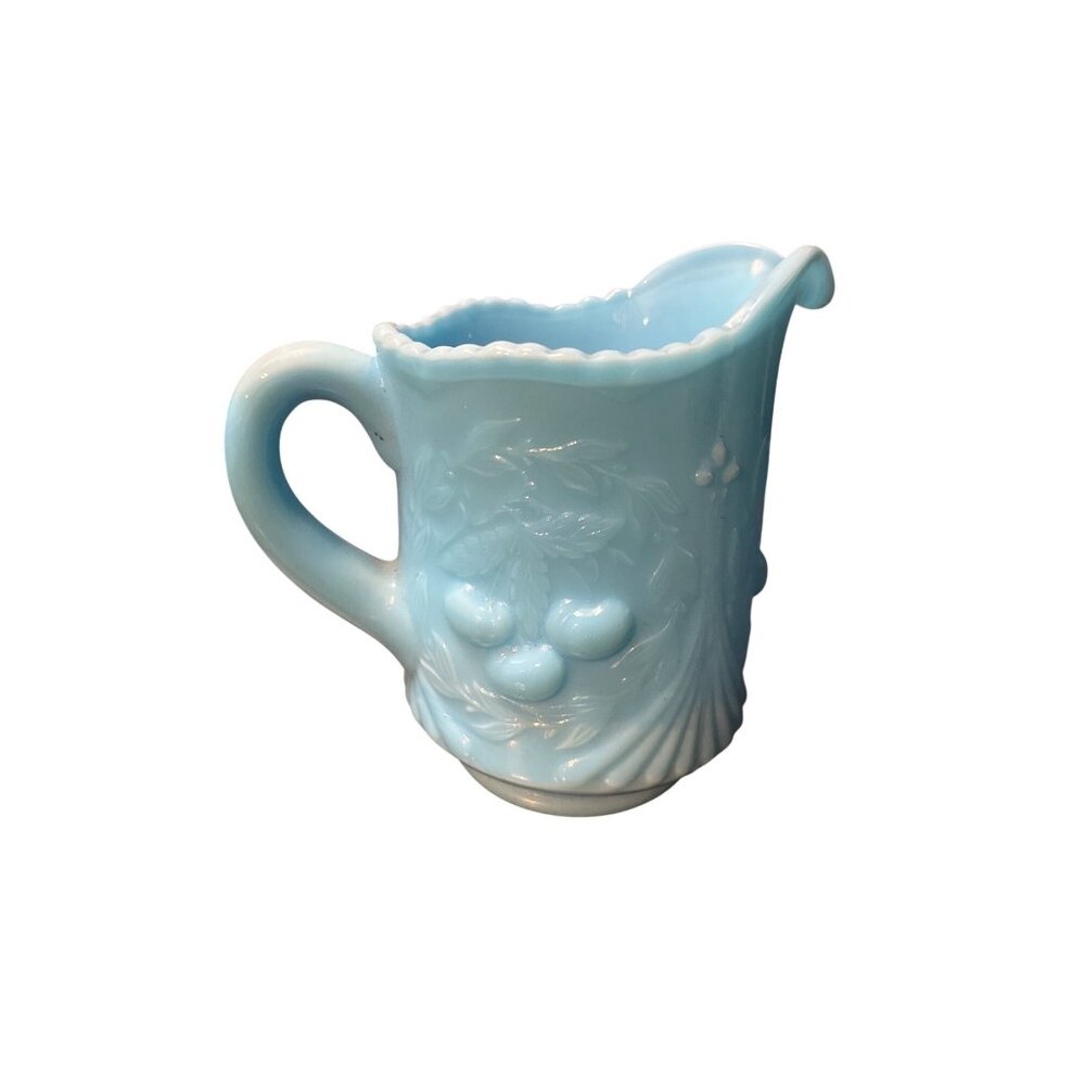 LG Wright/Westmoreland Blue Slag Glass Creamer Wreathed Cherry Pattern Vintage